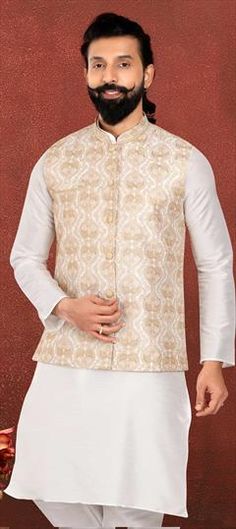 White and Off White color Nehru Jacket in Dupion Silk fabric with Embroidered, Thread work Luxury Silk Nehru Jacket With Dabka Detailing, Luxury White Nehru Jacket For Eid, Luxury Cotton Silk Nehru Jacket With Cutdana, Luxury Classic Cream Nehru Jacket, White Luxury Elegant Nehru Jacket, Luxury Designer Silk Nehru Jacket, White Luxury Nehru Jacket With Traditional Drape, Luxury Raw Silk Nehru Jacket For Formal Occasions, Classic Luxury White Nehru Jacket