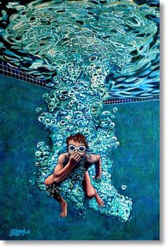 a painting of a boy swimming in the water with bubbles on his face and body