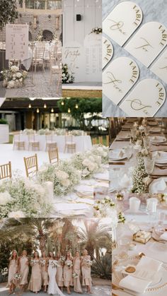 a collage of photos with chairs, tables and flowers on them for a wedding