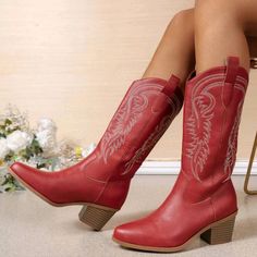 Redembroidery Leather Hi-Heel Western Cowboy Boots Red Slip-On Upper Material: Pu Leather Lining Material: Fabric, Pu Leather Insole Material: Fabric Outsole Material: Rubber Western Boots For Women, Cowgirl Ankle Boots, Red Cowgirl Boots, Knee High Western Boots, Red Cowboy Boots, Girl Cowboy Boots, New Embroidery, Western Boots Women, Pointed Toe Boots