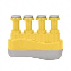 four yellow and gray plastic knobs on a white background