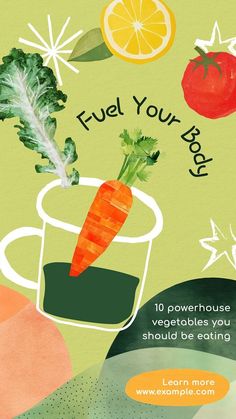 a poster with carrots and vegetables in a cup