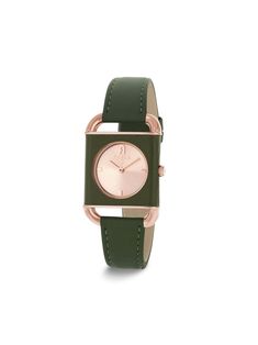 dark green stainless steel case leather strap square face quartz movement index dial stick hands logo-engraved gold-tone hardware buckle-strap fastening Luxury Green Watch With Rectangular Dial, Modern Green Watch Accessories With Rectangular Dial, Modern Green Watch With Rectangular Dial, Green Rectangular Watches For Formal Occasions, Formal Green Watch Accessories With Rectangular Dial, Elegant Green Watches With Rectangular Dial, Elegant Green Rectangular Watch, Elegant Green Rectangular Watches, Modern Green Leather Watches