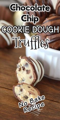 chocolate chip cookie dough truffles on a wooden table