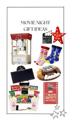 the movie night gift ideas are on display with popcorn, movies and other things to eat