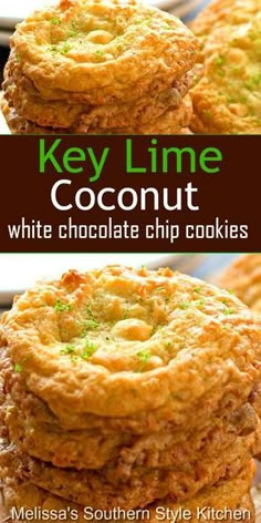 key lime coconut white chocolate chip cookies stacked on top of each other with the title text overlay