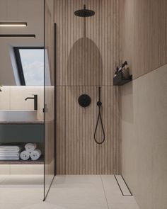 a bathroom with a shower, sink and mirror