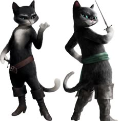 two cartoon cats standing next to each other with swords in their hands and one holding an umbrella