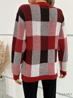 Lasaky - Womens Casual Long-Sleeve Pullover Sweater with Plaid Pattern, Ideal for Fall & Winter Wardrobe Casual Plaid Crew Neck Sweater, Casual Plaid Long Sleeve Sweater, Plaid Long Sleeve Sweater For Fall, Plaid Crew Neck Sweater For Fall, Cozy Plaid Long Sleeve Sweater, Cozy Plaid Winter Tops, Plaid Long Sleeve Winter Sweater, Winter Plaid Knit Sweater, Stylish Sweater