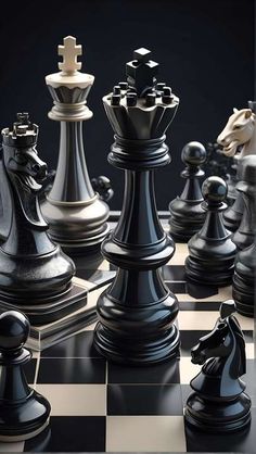 a black and white chess board with pieces on it