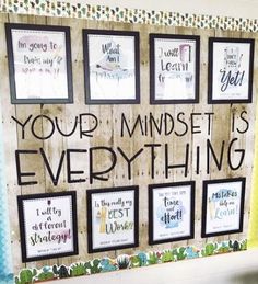 a bulletin board that has been decorated with pictures and words on it, including the words your mindset is everything