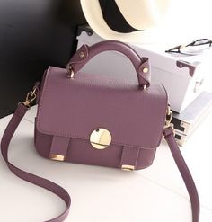 Chic Solid Color Office Flap Bag, Trendy Flap Bag With Hasp Closure And Double Handle, Trendy Purple Everyday Satchel, Trendy Purple Satchel For Everyday Use, Trendy Satchel With Gold-tone Hardware, Trendy Satchel Flap Bag With Hasp Closure, Purple Satchel With Gold-tone Hardware For Daily Use, Trendy Tote Flap Bag With Gold-tone Hardware, Chic Flap Bag With Hasp Closure And Double Handle