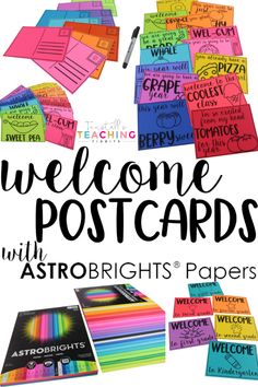 the welcome postcards with astro brights papers on it and some writing in black ink