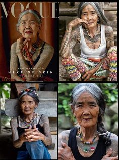 four different pictures of women with tattoos on their arms and chest, one in the foreground