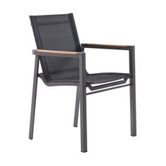 a black chair with a wooden armrest and back rests against a white background,