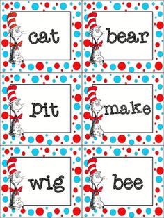 dr seuss's cat in the hat name tags with polka dots and red, white