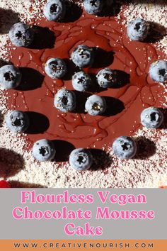 a cake with blueberries on it and the words flourless vegan chocolate mouse cake