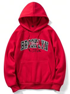 Men's Simple Letter Graphic Hooded Long Sleeve Sweatshirt, Casual Red Hoodie, School Red Casual  Long Sleeve Fabric Letter  Slight Stretch  Men Clothing, size features are:Bust: ,Length: ,Sleeve Length: Men Hoodies, Fabric Letters, Printed Sleeveless Top, Couple Matching, Dark Jeans, Simple Prints, Boys Hoodies, Long Sleeve Sweatshirt, Red Hoodie