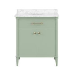 a green cabinet with marble top and two drawers on the bottom, in front of a white background