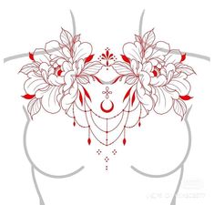 a woman's chest with flowers and leaves on her head, in red ink