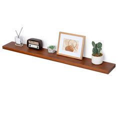 a wooden shelf with two pictures on it and a small potted cactus next to it