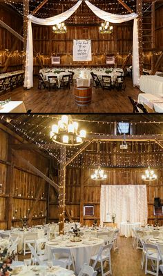 the inside of a barn with tables and chairs set up for a wedding or other function