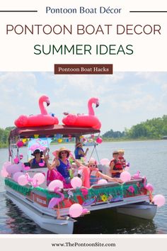 the pontoon boat decor summer ideas is featured in this postcard with pink flamingos on it