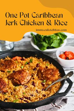 one pot caribbean chicken and rice in a skillet on a wooden table with salad