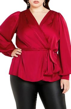 Elevate your outfit with this flowy blouse that plays up curves in a faux-wrap style with side ties and billowy long sleeves. 27 1/2" length (size X-Small) Surplice V-neck Long sleeves with button cuffs Lined 100% polyester Machine wash, line dry Imported Professional Photo Shoot, Chic Plus Size, Faux Wrap Top, Flowy Blouse, Fashion Night, Neck Wrap, City Chic, Wrap Top, Wrap Style