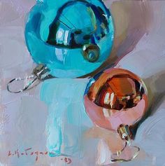 a painting of a blue vase and a pink ball