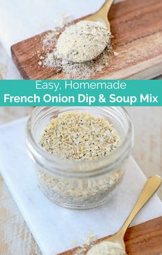 homemade french onion dip and soup mix in a glass jar on a wooden cutting board