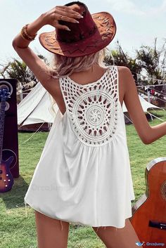 OrcaJump - Chic Sleeveless Tunic in White with Bohemian Crochet Patchwork Design Bohemian Crochet, Sleeveless Tunic Tops, White Bohemian, Lace Cutout, V Neck Tank Top, Summer Tank, Feather Print, Sleeveless Tunic, Summer Tank Tops