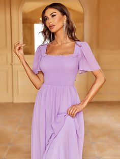 Product Code: FSWD1365 Embellishment: Chiffon Fabric: 100% Polyester Back Style: Zipper Up Fully Lined: Yes Built-in Bra: No Available Color: Violet Stretch: Moderate Fits true to size Imported Model Information: Height: 5' 2" Bust: 33.5'' Waist: 24“ Hips: 35.5” wearing US size Small