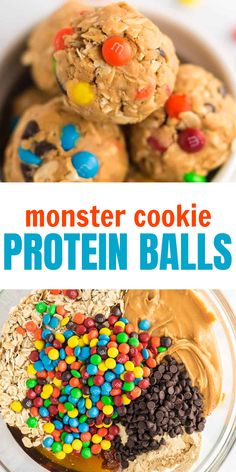 monster cookie protein balls in a glass bowl