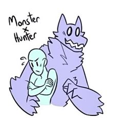 a drawing of a monster hugging a man with the caption monster hunter on his chest