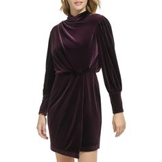 Manufacturer: Karl Lagerfeld Paris Style Type: Mini Dress Collection: Karl Lagerfeld Paris Sleeve Length: Long Sleeves Material: 90% Polyester/10% Spandex Fabric Type: Velvet Specialty: Blouson Sku: BH5900664 Color: Purple.  Gender: female.  Age Group: adult. Elastane Dresses For Winter, Women Bodycon Dress, Mock Neck Dress, Purple Mini Dresses, Paris Woman, Pleated Mini Dress, Lace Shift Dress, Karl Lagerfeld Paris, Sleeveless Floral Dress