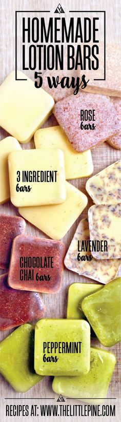 the ingredients for homemade lotion bars are shown in different colors and flavors, including chocolate,