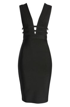 A plunging neckline takes center stage on this curve-accentuating bandage dress that's full of night-out appeal. Plunge neck Sleeveless 95% polyester, 5% elastane Dry clean Imported Sleeveless Bandage Dress For Formal Occasions, Formal Sleeveless Bandage Dress, Stretch V-neck Bandage Dress For Date Night, Bodycon Bandage Dress For Cocktail, Elegant Cutout Bandage Dress For Night Out, Chic Stretch Bandage Dress, Stretch V-neck Bandage Dress For Club, V-neck Bodycon Bandage Dress For Night Out, V-neck Bodycon Bandage Dress For Date Night