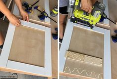 two pictures showing how to make a diy cabinet door with plywood and glue