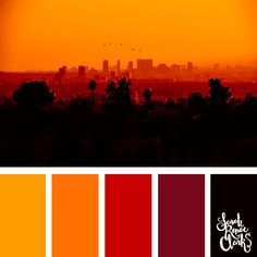 an orange and red color scheme with the city skyline in the background