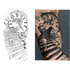 two different tattoos one with a clock and the other with water