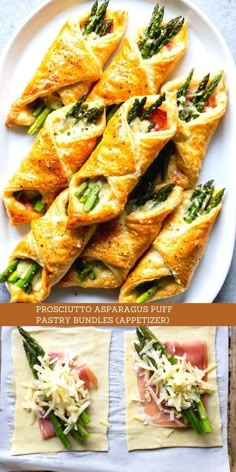 asparagus and prosciutto pastries on a white plate next to other appetizers