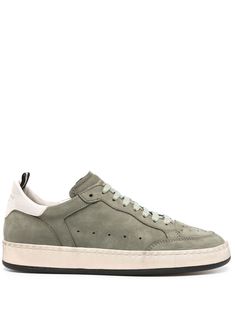 olive green calf leather/calf suede panelled design perforated detailing logo-print tongue contrasting branded heel counter round toe front lace-up fastening branded insole flat rubber sole Modern Green Sneakers With Textured Sole, Classic Green Sneakers With Textured Sole, Classic Green Sneakers With Perforated Toe Box, Green Sneakers With Leather Sole And Round Toe, Green Leather Sole Sneakers For Streetwear, Green Sneakers With Leather Sole For Streetwear, Green Casual Sneakers With Leather Sole, Casual Green Sneakers With Leather Sole, Classic Green Sneakers With Contrast Sole