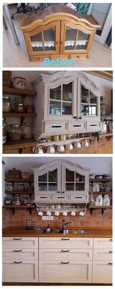 the before and after shots of a kitchen cabinet makeover with glass doors, drawers, and cupboards