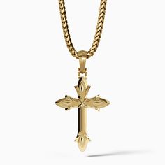 a mens gold cross necklace hangs from a 14 karat chain Cross Pendant Men, Gold Pendants For Men, Cross Necklace For Men, Symbol Of Hope, Gold Cross Necklace, Cross Chain, Gold Cross Pendant, Small Crosses, Mens Pendant