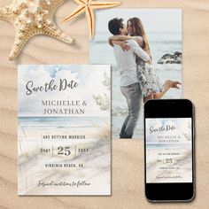 wedding save the date cards with starfish and seashells on sandy beach background