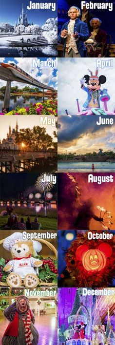 the disney world calendar is shown in multiple pictures