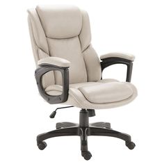 a white office chair with black arms and footrests on an isolated white background