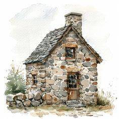 a watercolor painting of a small stone house