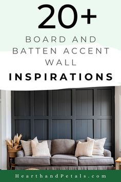 Family room with a dark board and batten accent wall, cozy gray sofa, and warm decor accents. Board And Batten Office Wall Ideas, Board And Batten Accent Wall, Bonus Room Office, Accent Wall Entryway, Interior Accent Wall, Black Accent Walls, Cozy Family Rooms, Accent Wall Colors, Board And Batten Wall